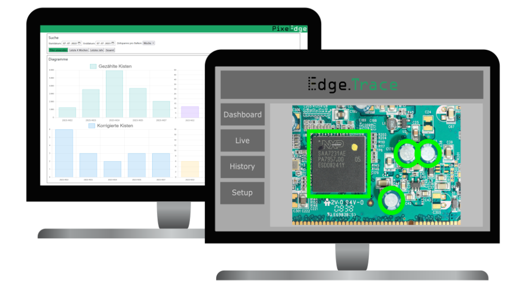 HMI-Display zeigt statistische Daten einer KI-gesteuerten Track-and-Trace-Anwendung